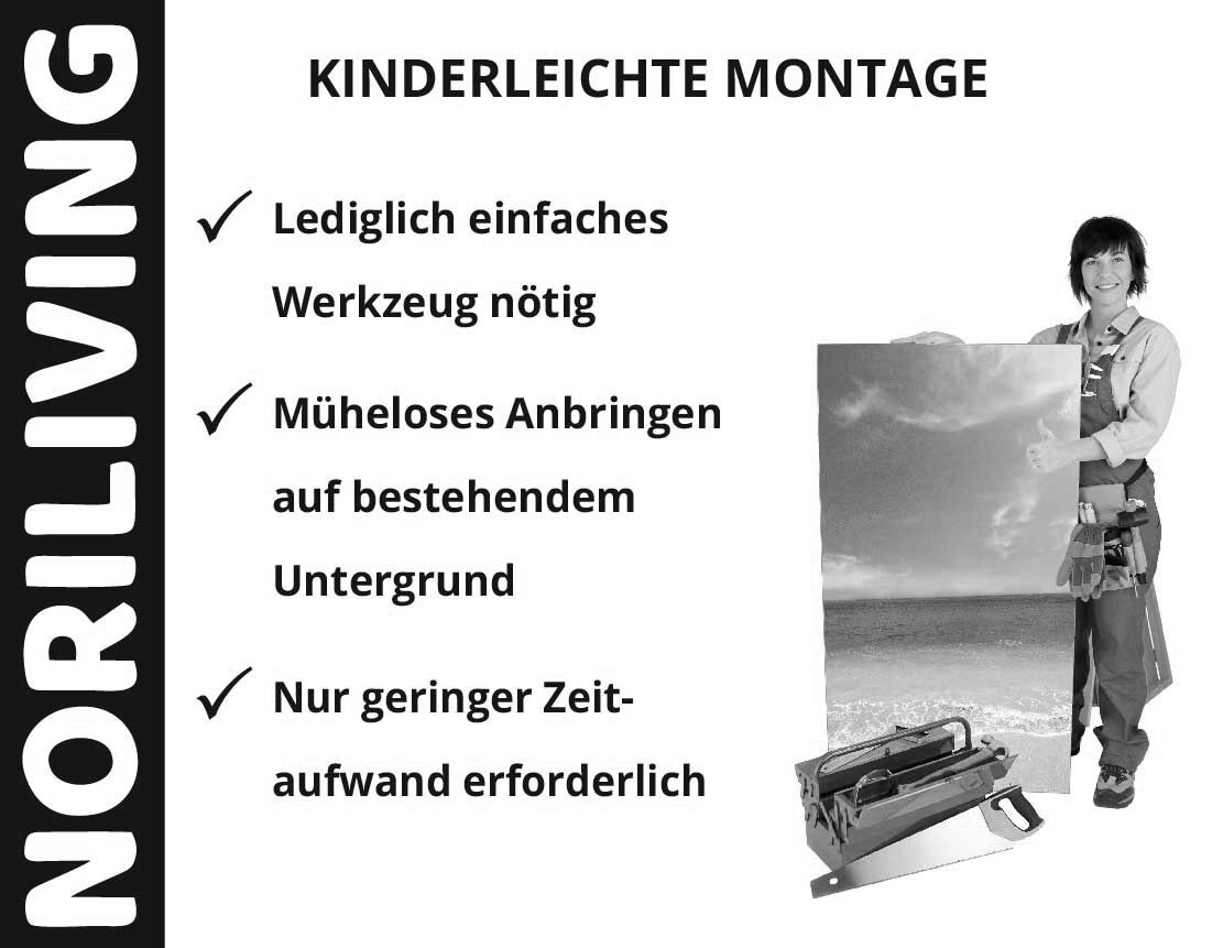 Eine Person mit Werkzeuggürtel hält ein Bild, daneben Text zu einfacher Montage: Einfaches Werkzeug, müheloses Anbringen, geringer Zeitaufwand erforderlich.