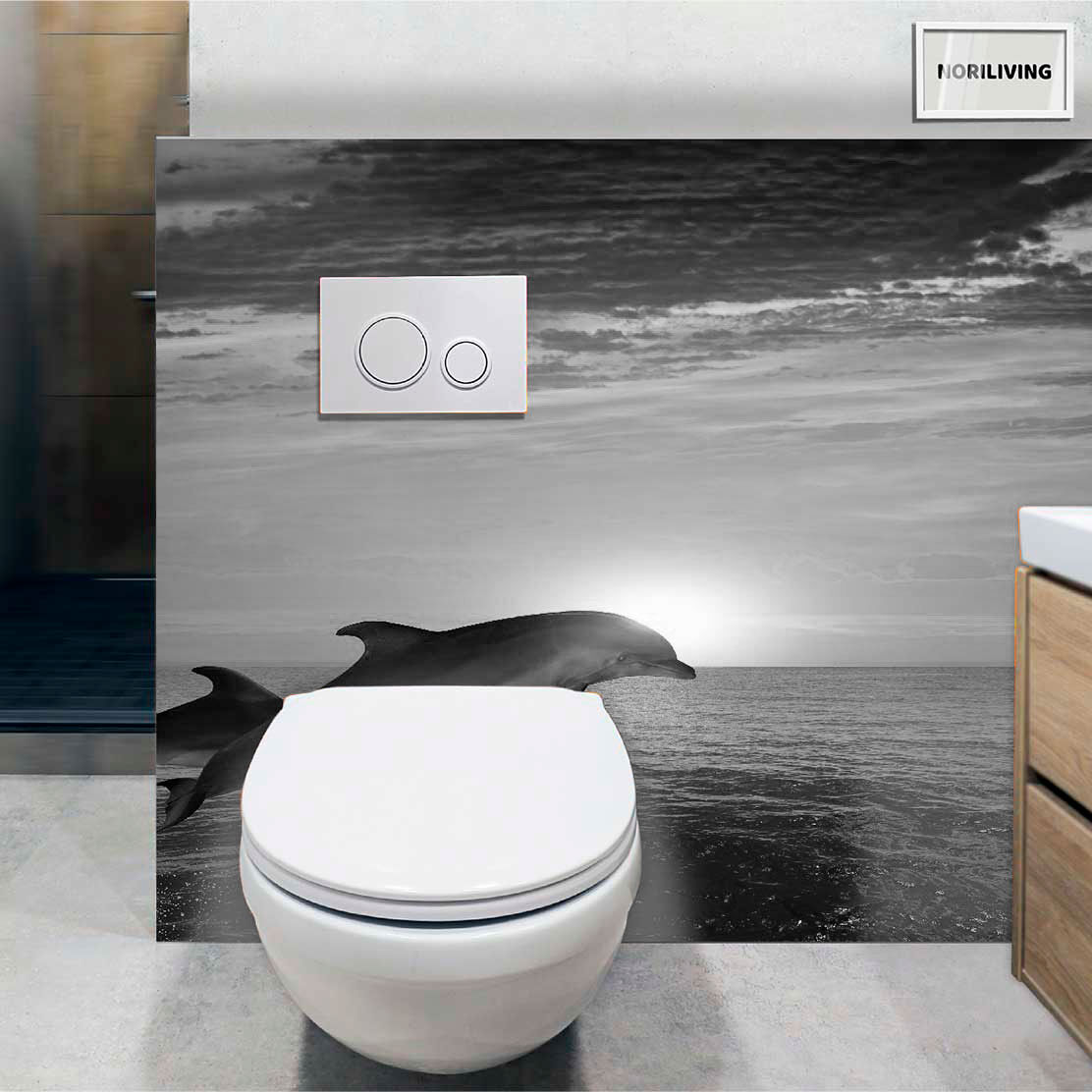 im WC eingebaute Toilettenrückwand mit Motiv Springende Delfine 552 schwarz-weiß