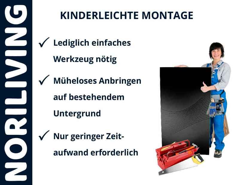 Infografik zur NORILIVING-Montage; zeigt einfache Werkzeuganforderungen und müheloses Anbringen auf bestehendem Untergrund, Frau neben Werkzeugen