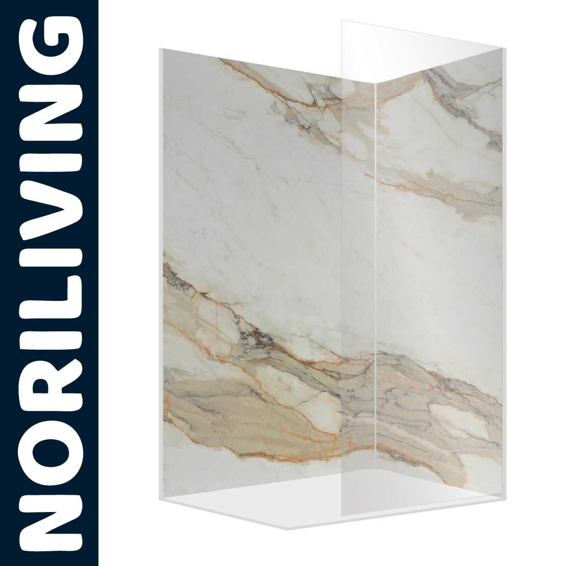 Eck-Duschrückwand Motiv Marmor beige 117 Abbildung einer Eck-Duschrückwand mit Motiv Marmor beige 117