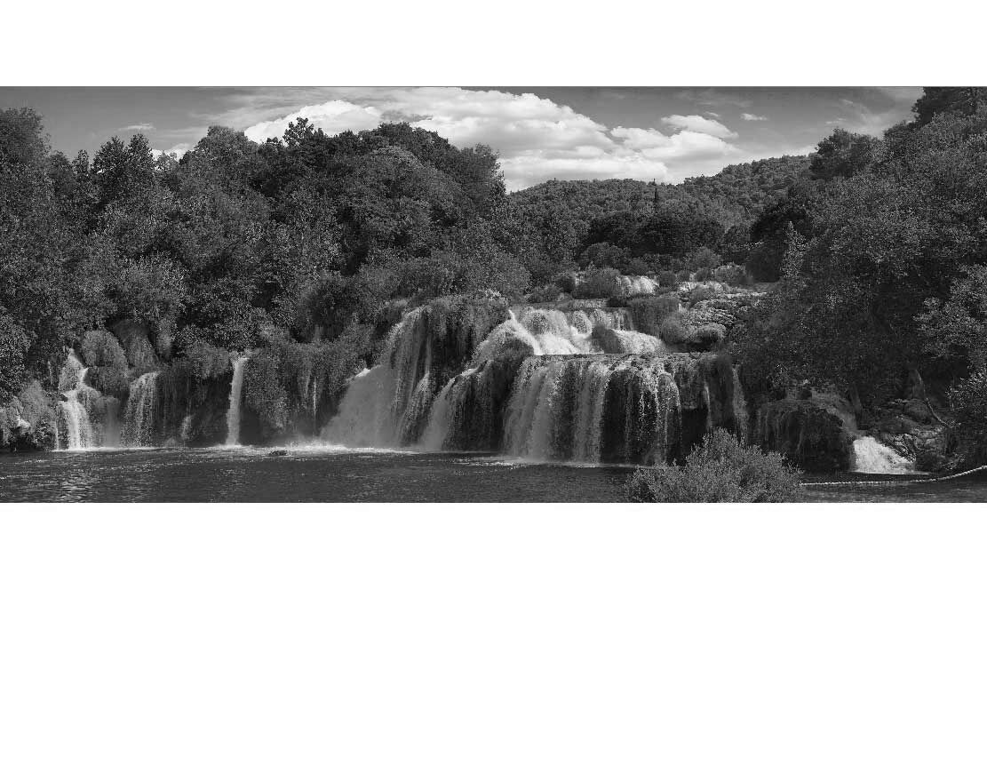 Ansicht des Duschrückwand-Motivs Krka Wasserfall Kroatien 385 schwarz-weiß