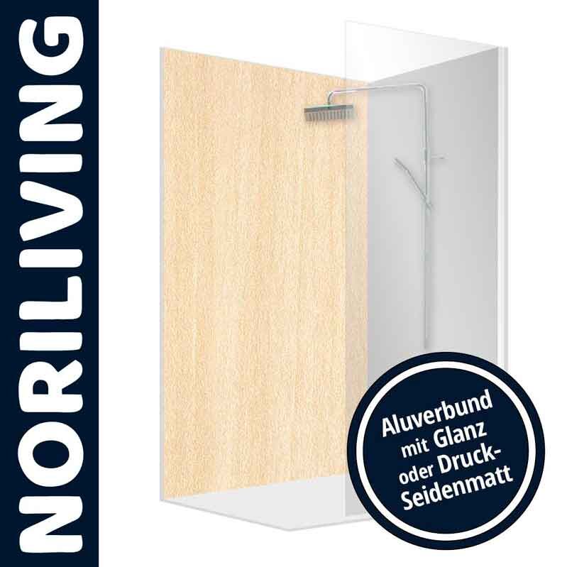 Transparente Duschwand von NORILIVING mit Aluverbund, erhältlich in Glanz oder Druck-Seidenmatt-Optik