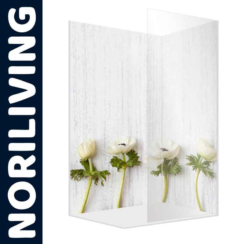 Raumteiler mit weißem Blumenmotiv auf Holzoptik von Noriliving