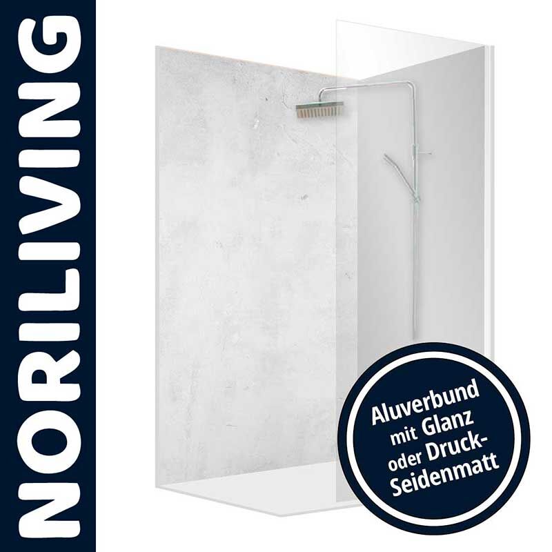 Duschwand mit schlichter, moderner Gestaltung, hergestellt von NORILIVING, aus Aluverbund, erhältlich in Glanz oder Druck-Seidenmatt