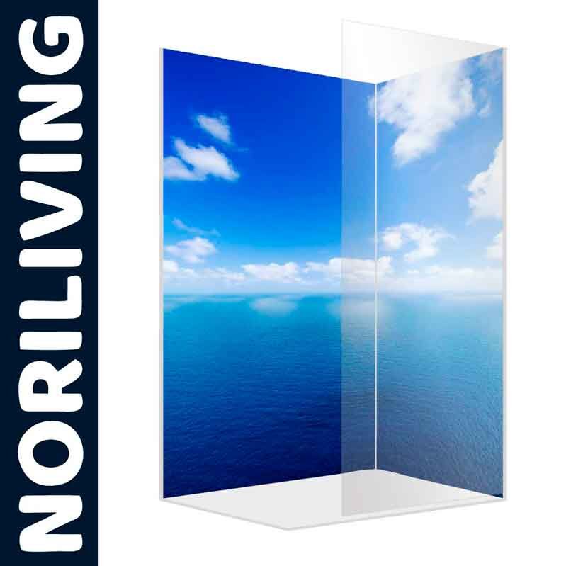 Transparenter Raumteiler mit Meeresblick-Design von Noriliving vor weißem Hintergrund