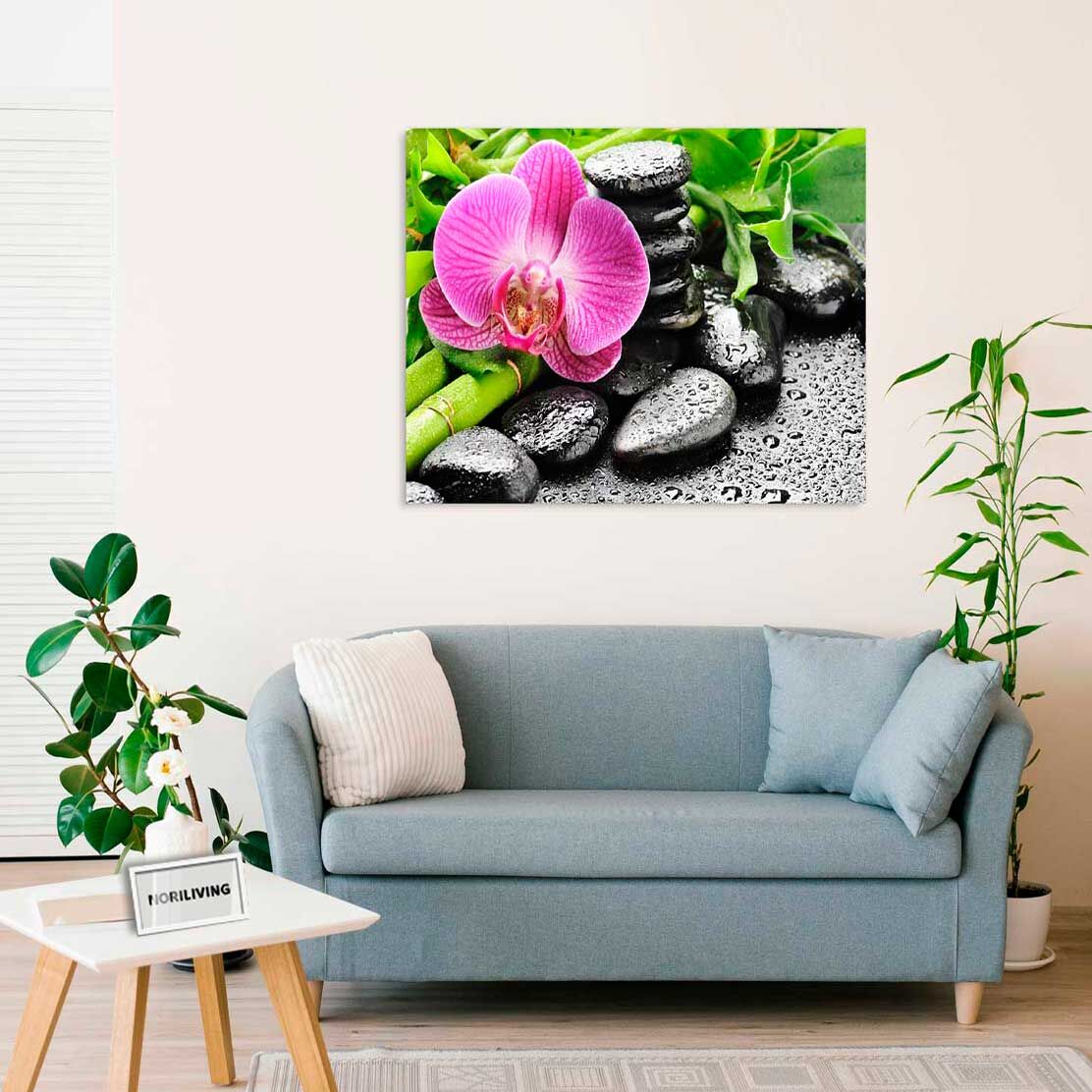 Wandbild über dem Sofa mit Motiv Zen Steine mit Orchidee und Bambus 890