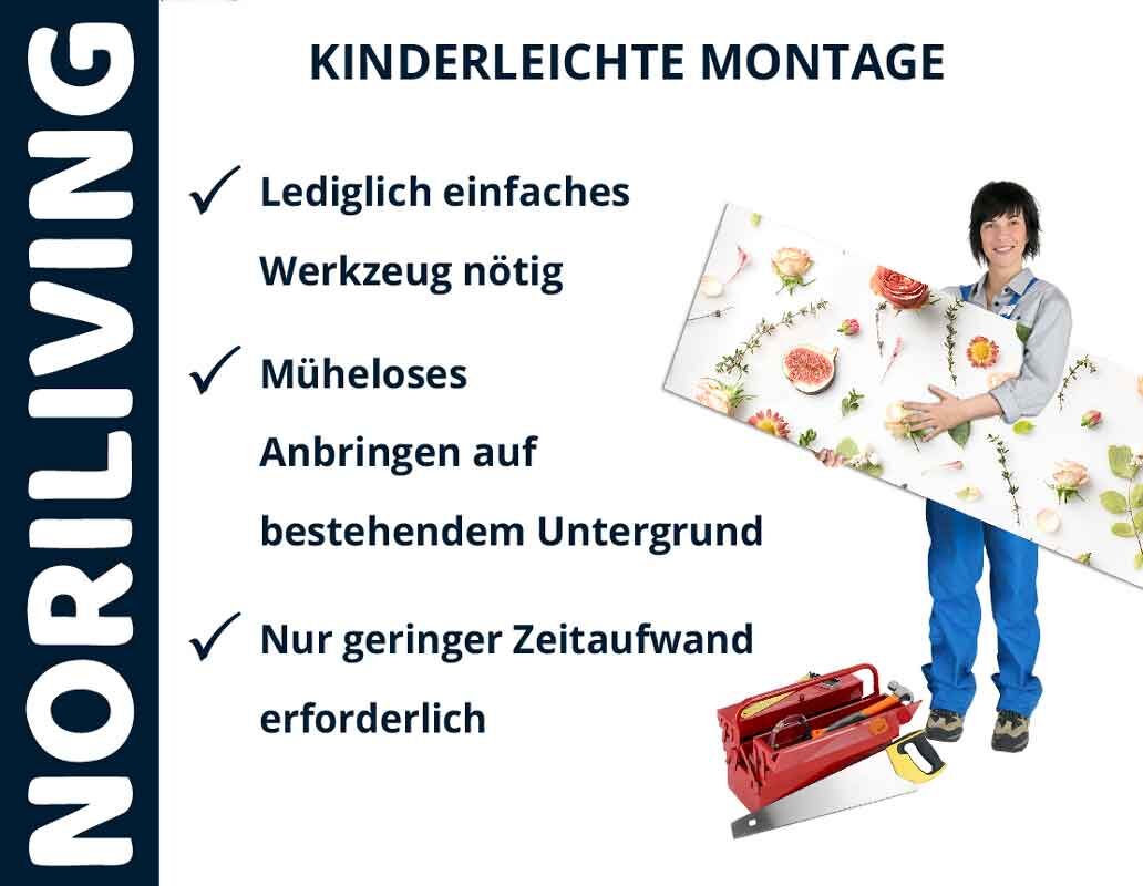 Person hält bedrucktes Paneel mit floralem Muster, daneben steht eine rote Werkzeugkiste. Text beschreibt einfache Montage ohne viel Aufwand.