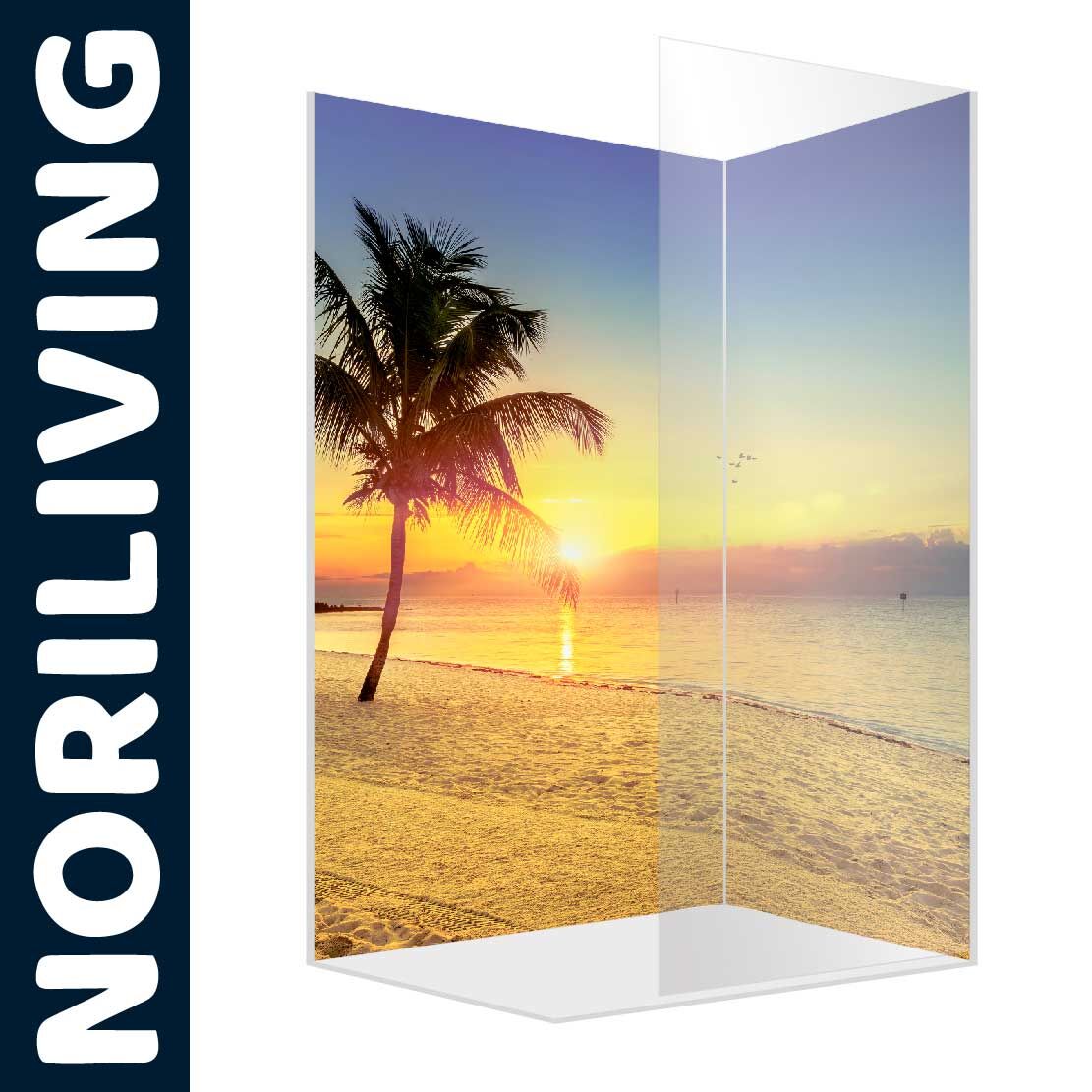 Abbildung einer Eck-Duschrückwand mit Motiv Sonnenuntergang mit Palme am tropisches Meer 903