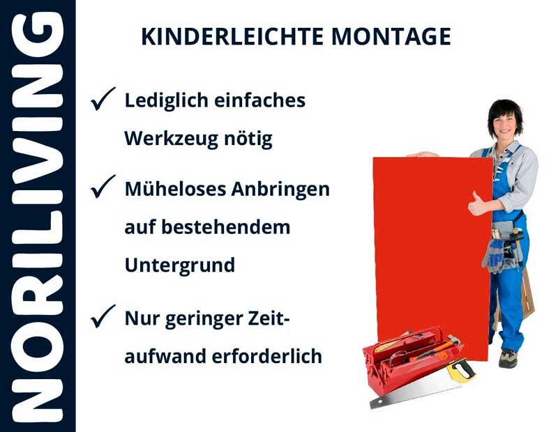 Eine Person zeigt ein rotes Panel mit dem Text 'Kinderleichte Montage', wobei auf einfaches Werkzeug, müheloses Anbringen und geringen Zeitaufwand hingewiesen wird.