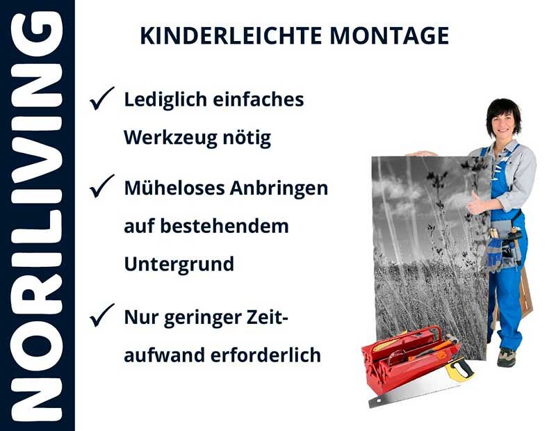 Werbung von Norliving für einfache Montage mit minimalem Werkzeugeinsatz
