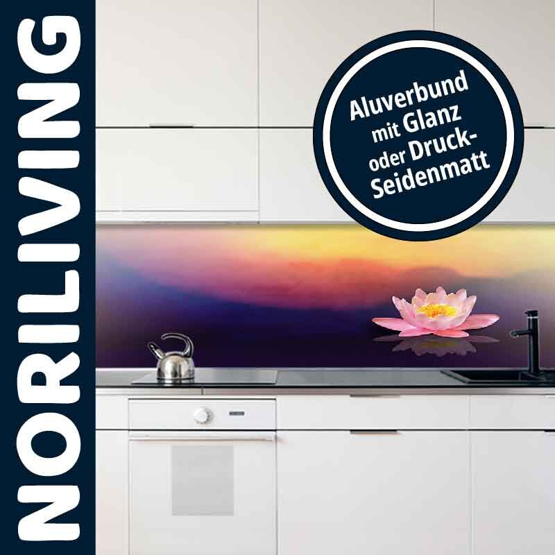 Moderne Küche mit stilvoller Aluverbund-Rückwand, Glanz oder Druckseidenmatt verfügbar, mit Lotusblüten-Design