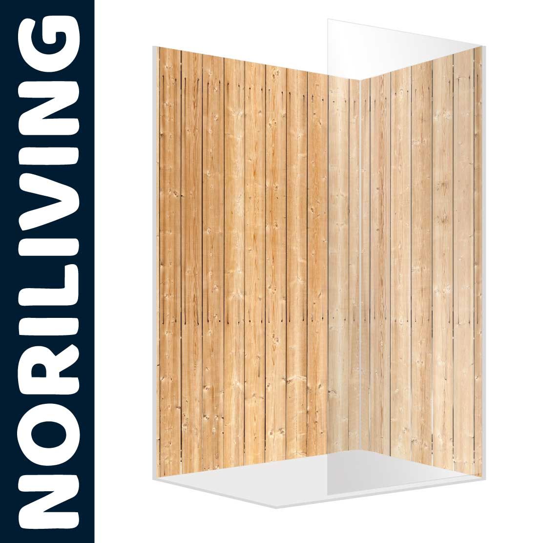 Abbildung einer Eck-Duschrückwand mit Motiv Naturholzwand 136