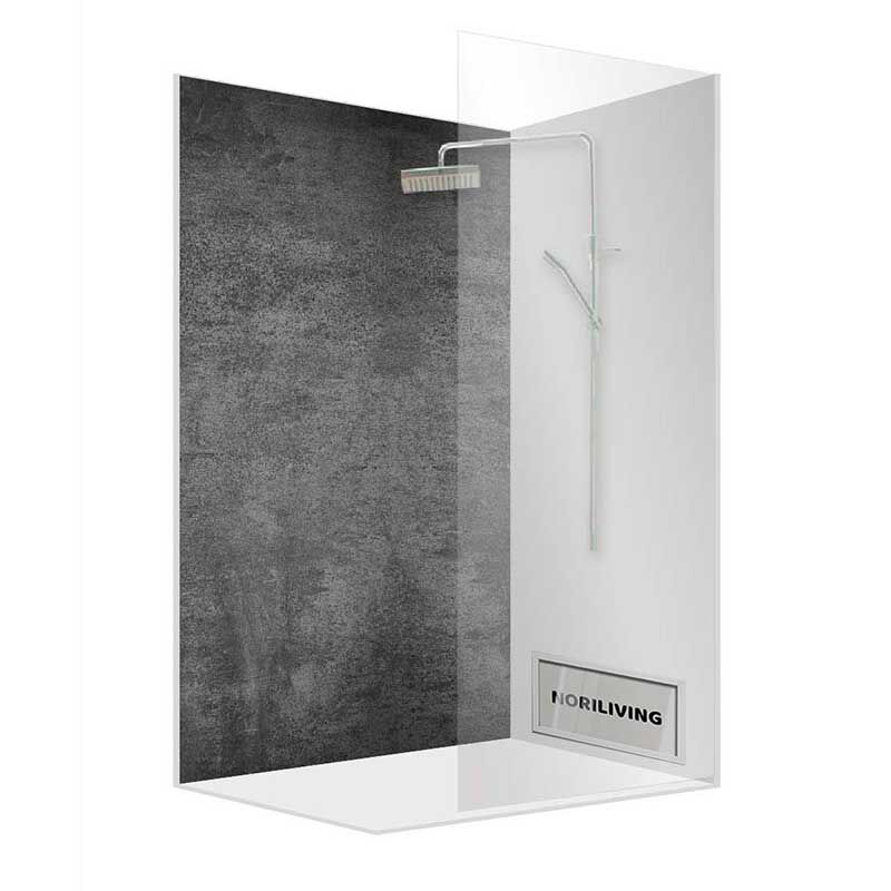 Duschkabine aus Glas mit grauer Rückwand und Regenduschkopf