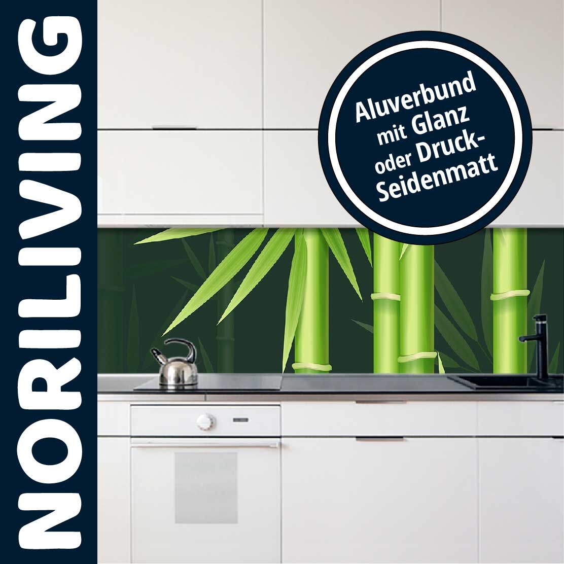 Moderne Küche mit weißem Schrank und Bambusmotiv-Rückwand, erhältlich in Alubund Glanz oder Druck-Seidenmatt von Noriliving
