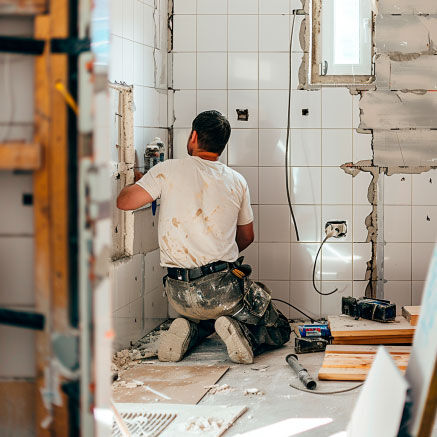 Fliesenleger bei der Arbeit in einem halbfertigen Badezimmer Ein Fliesenleger arbeitet in einem halbfertigen Badezimmer, umgeben von Werkzeugen und Baumaterialien.