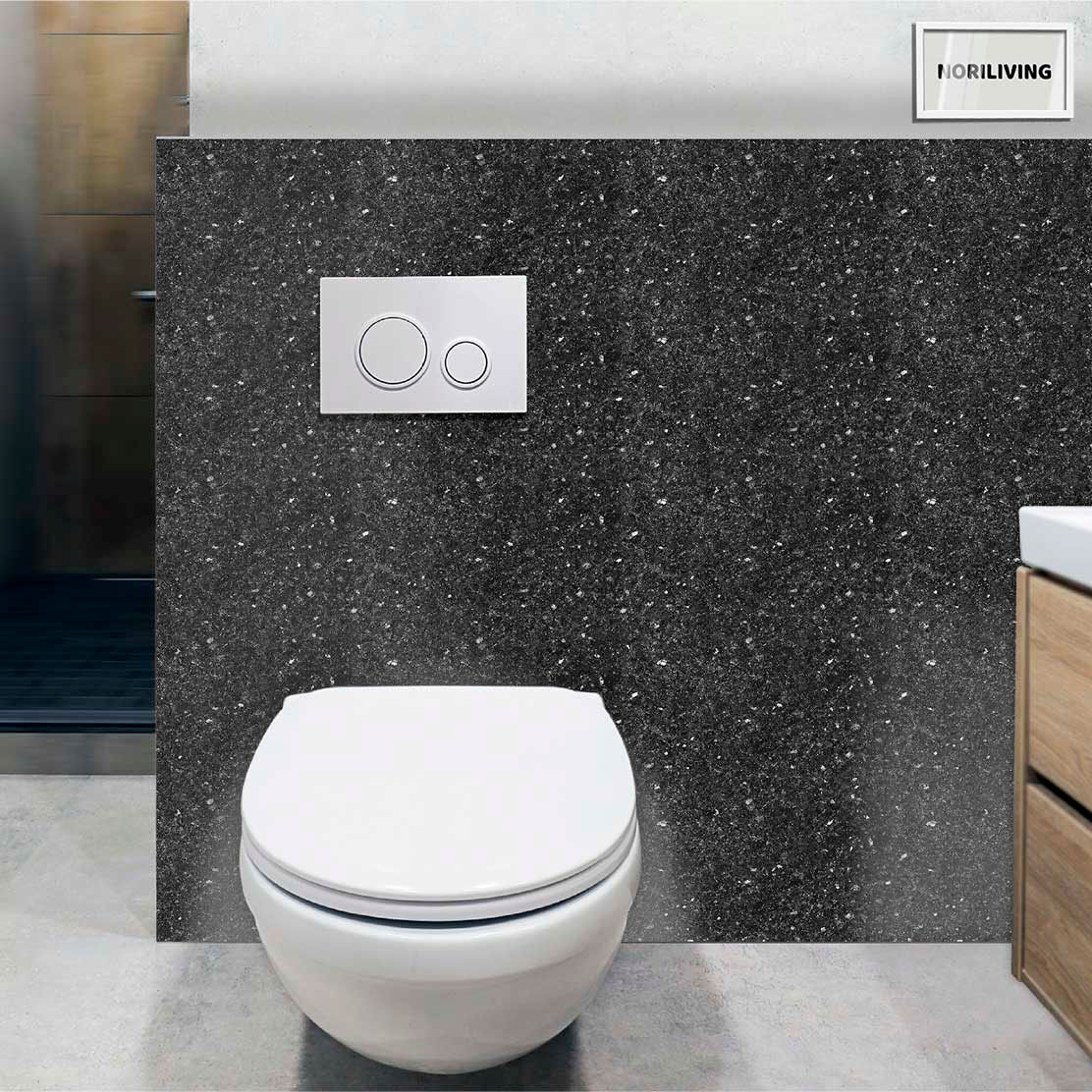 im WC eingebaute Toilettenrückwand mit Motiv Schwarzer Granit 660 schwarz-weiß