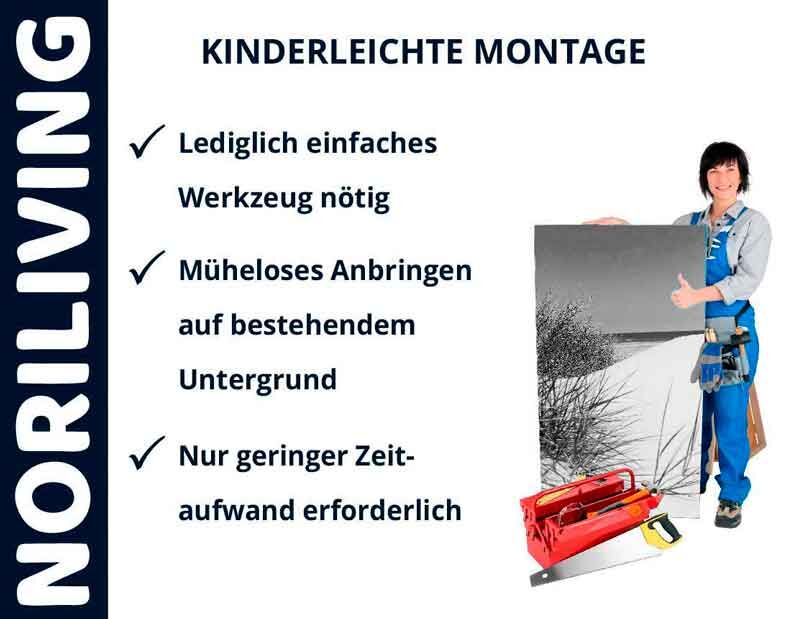 Frau mit Werkzeug und Bild für Noriliving kinderleichte Montage, einfache Installation mit minimalem Aufwand