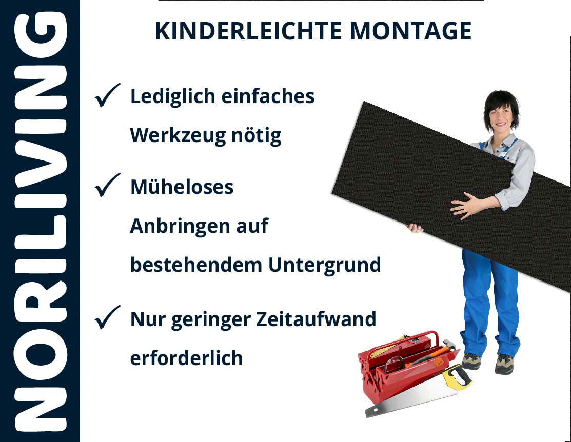 Person zeigt auf eine Tafel mit Informationen zur einfachen Montage. Lediglich einfaches Werkzeug nötig, müheloses Anbringen auf bestehendem Untergrund, geringer Zeitaufwand erforderlich. Werkzeugkasten und Säge sichtbar.