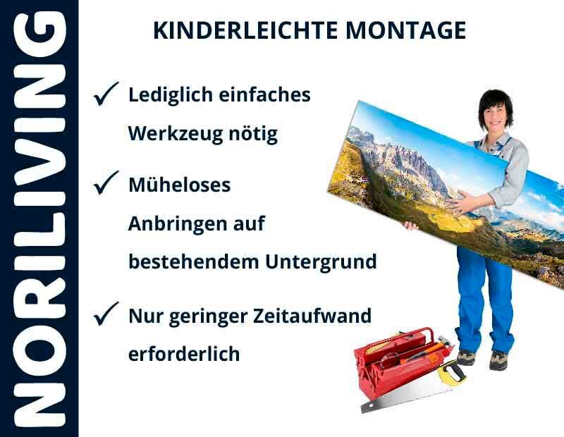 Frau hält Bild vor weißem Hintergrund. Text: NORILIVING, kinderleichte Montage, lediglich einfaches Werkzeug nötig, müheloses Anbringen, geringer Zeitaufwand.