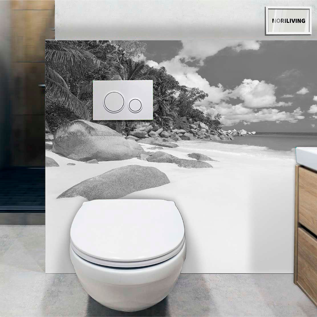 im WC eingebaute Toilettenrückwand mit Motiv Karibik Bucht Strand 049 schwarz-weiß