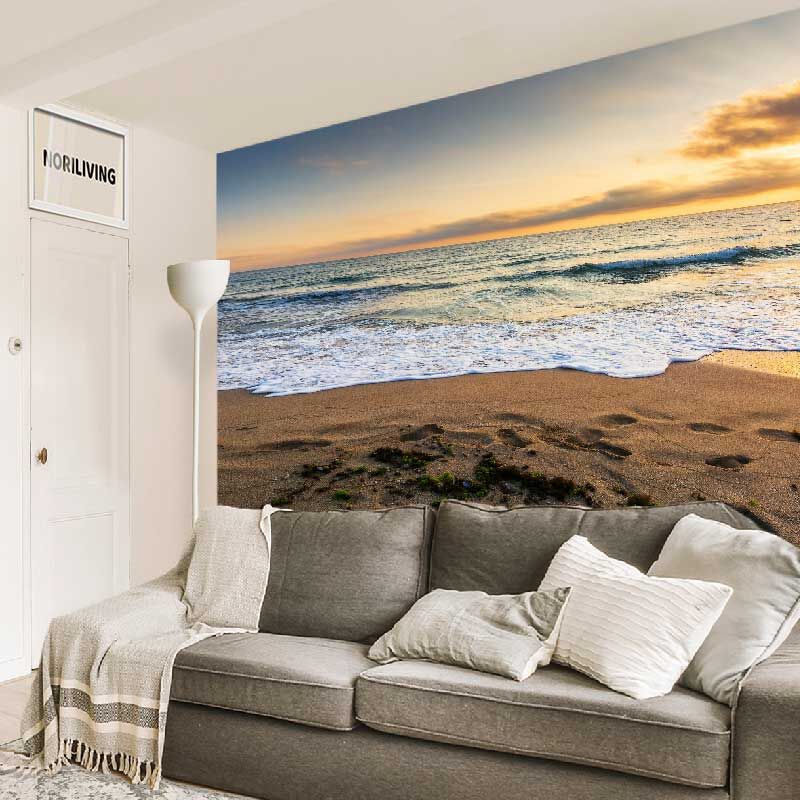 im Wohnzimmer eingebaute Wohnzimmerrückwand mit Motiv Sandstrand bei Sonnenaufgang 873
