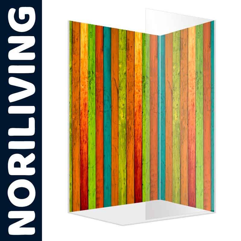 Bunte Duschwand von Noriliving mit vertikalen Streifen in warmen Farben