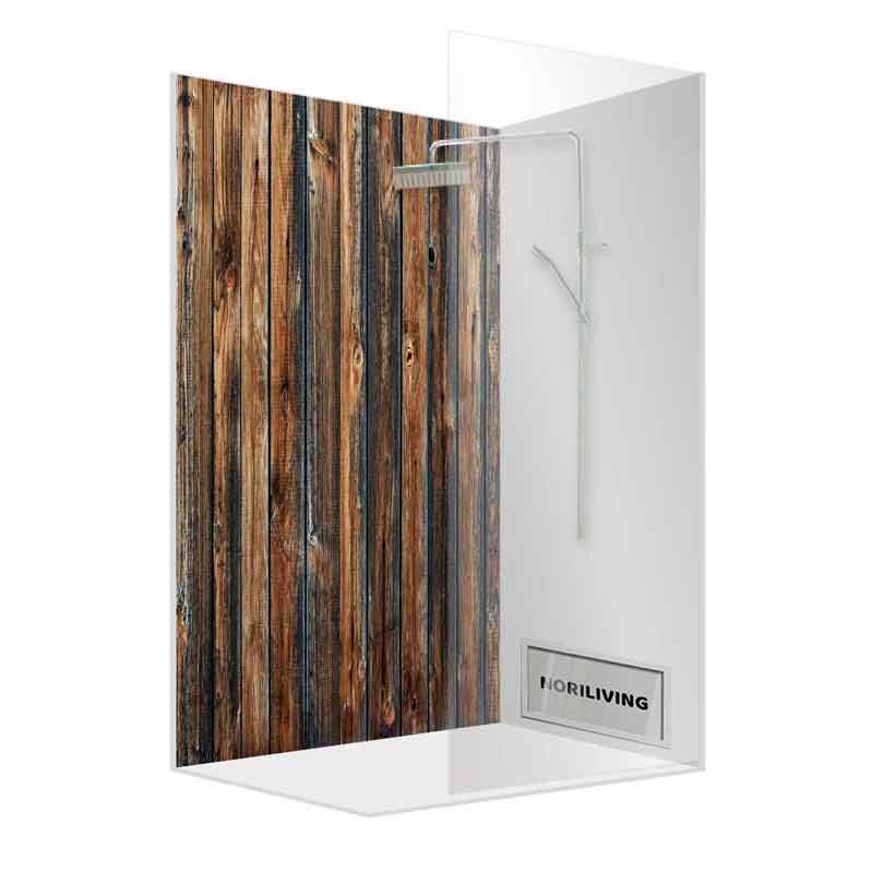 Duschkabine mit Holzdesign und transparenter Glaswand von Noriliving