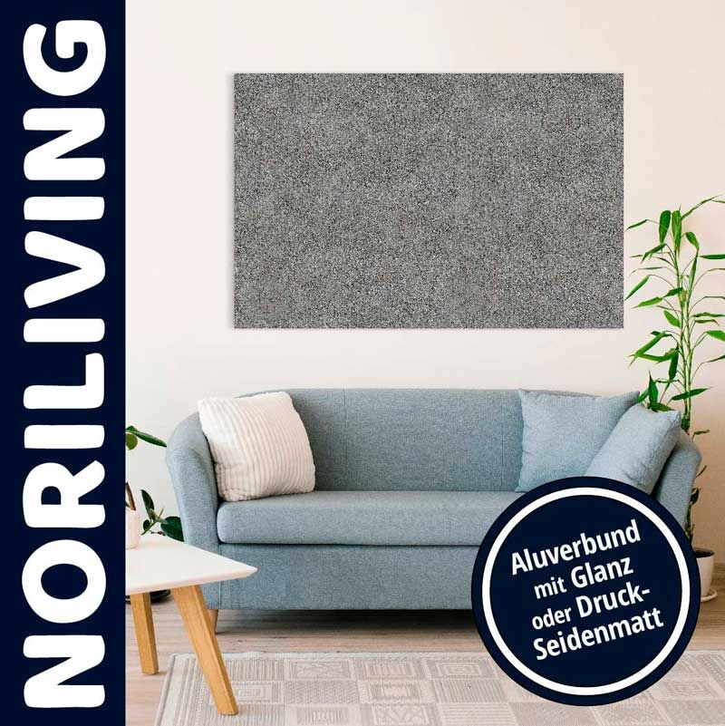 Wohnzimmer mit blauer Couch, grauem Aluverbundbild und Pflanze im Hintergrund