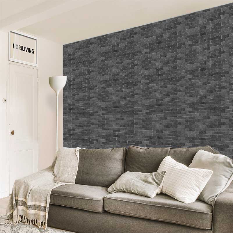 im Wohnzimmer eingebaute Wohnzimmerrückwand mit Motiv graue Ziegelmauer klein 995b schwarz-weiß