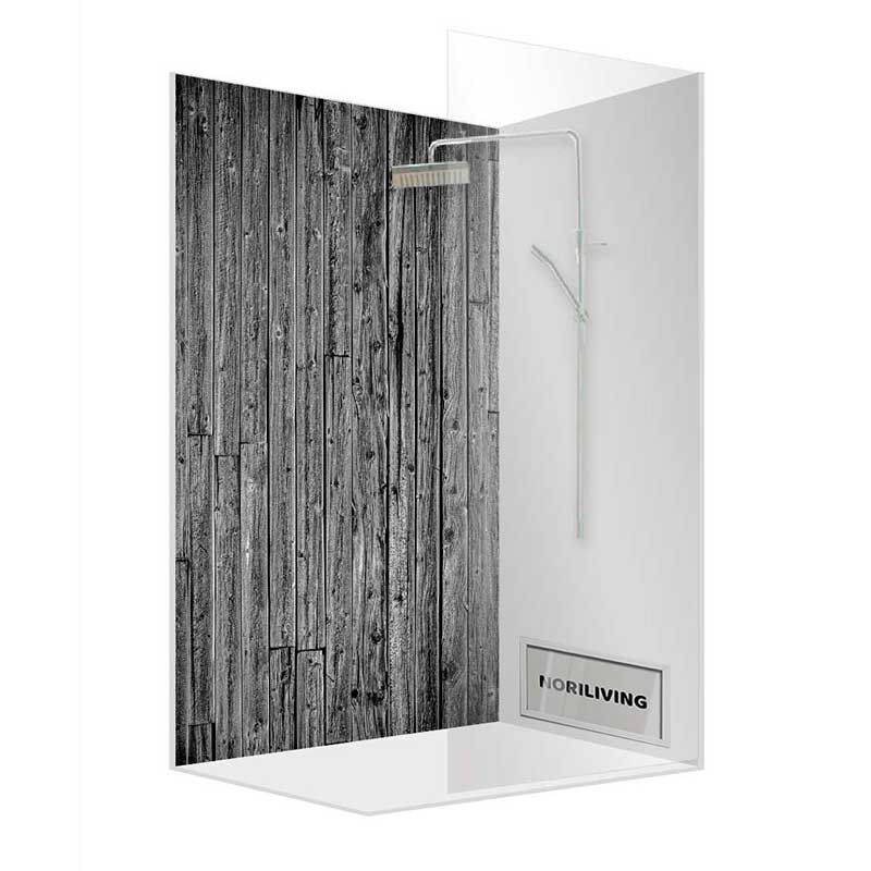 Elegante Dusche mit Holzwand-Motiv und Glaswänden von Noriliving