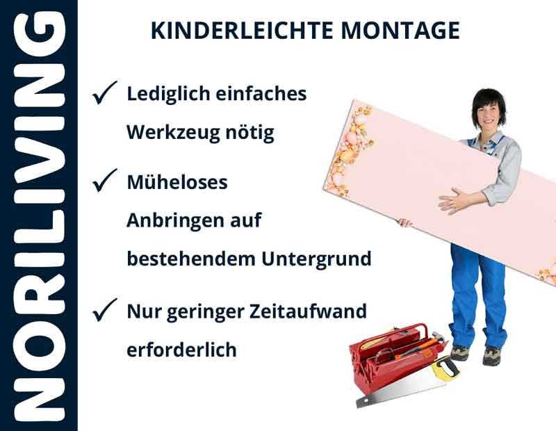 Person hält Wandpaneel, bewirbt die einfache Montage ohne viel Werkzeugaufwand