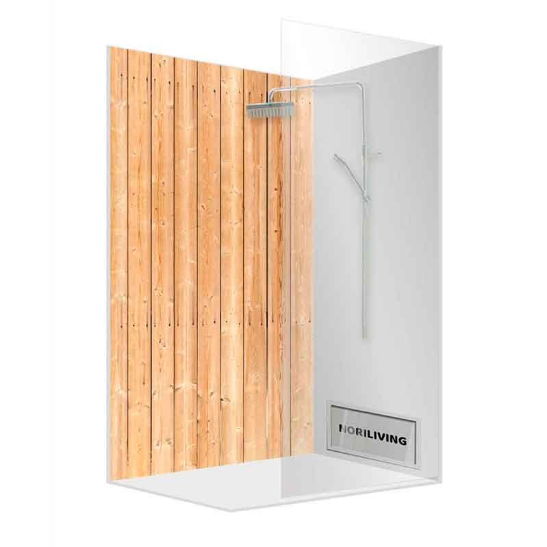 Duschabtrennung aus Glas mit Holzdekor und Shower-System von NORILIVING