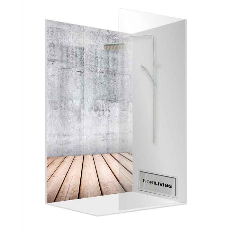 Elegante Duschkabine mit stilvollem Holzoptik-Boden und grauer Betonwand