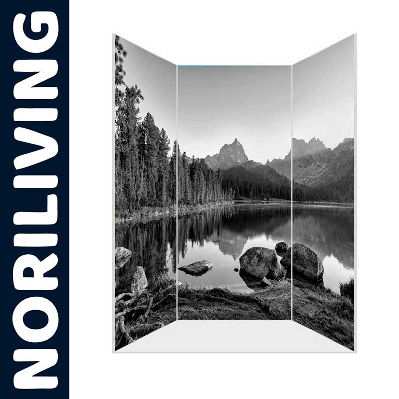 Paravent mit Foto eines Bergsees, umgeben von Bäumen, reflektiert im Wasser. Perfekt zur Raumgestaltung in modernen Wohnräumen.