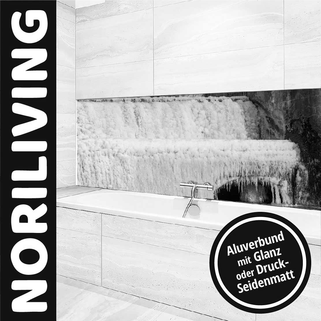 Ansicht des Badrückwand-Motivs gefrorener Wasserfall - Eis 789 schwarz-weiß Oberkante