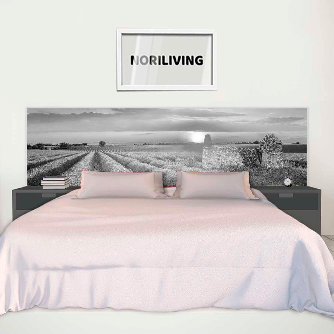 im Schlafzimmer eingebaute Bettrückwand mit Motiv Lavendel im Sonnenschein 535 schwarz-weiß