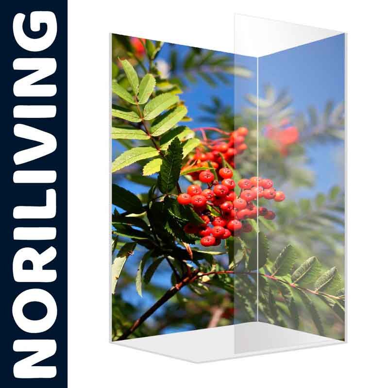 Fliesenspiegel mit leuchtendem Vogelbeer-Motiv von Noriliving vor blauem Himmel