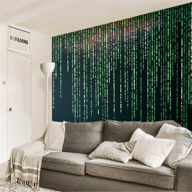 im Wohnzimmer eingebaute Wohnzimmerrückwand mit Motiv grünes Matrixthema als Hintergrund 934