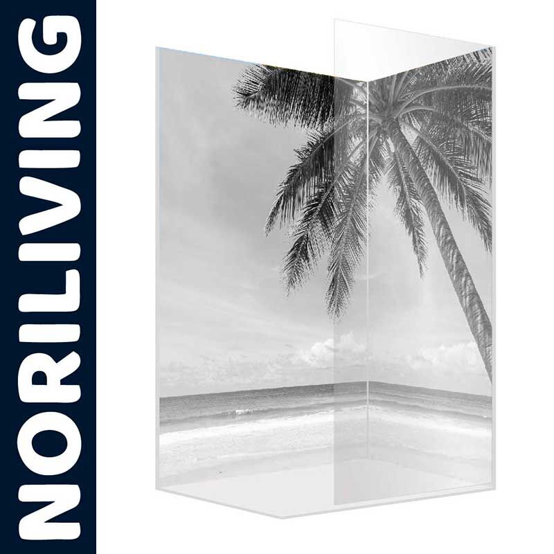 Transparente Duschwand von NORILIVING mit einem schwarz-weißen Palmen- und Strandmotiv