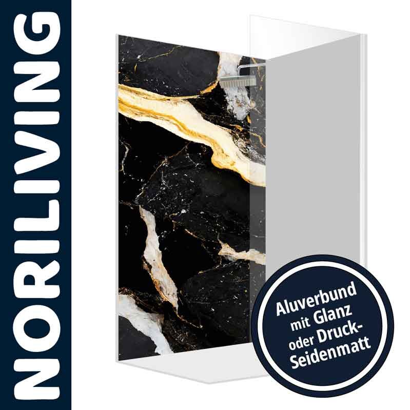 Duschwand von NoriLiving mit eleganter Marmoroptik, erhältlich in Aluverbund mit Glanz oder seidenmatter Oberfläche.