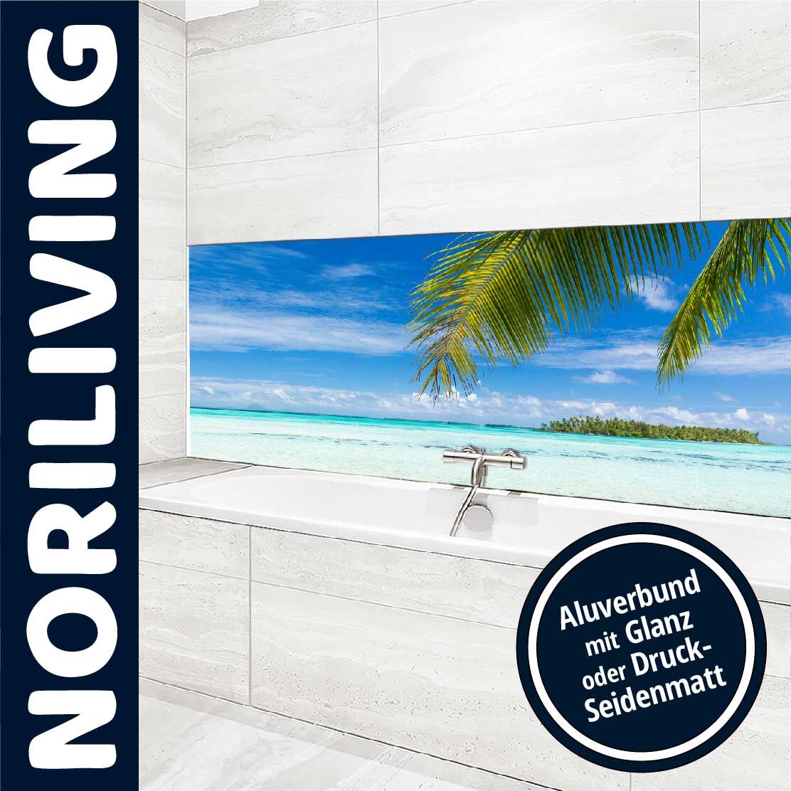 Badezimmer mit tropischem Strandmotiv auf der Wand, Aluverbund-Oberfläche von Noriliving
