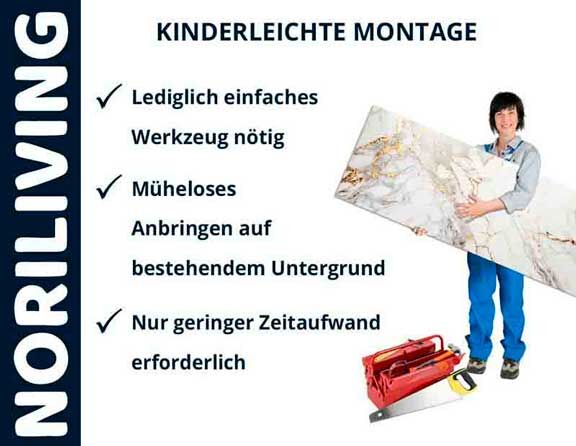 Person zeigt einfache Montage von NORILIVING Wandverkleidung mit wenigen Werkzeugen