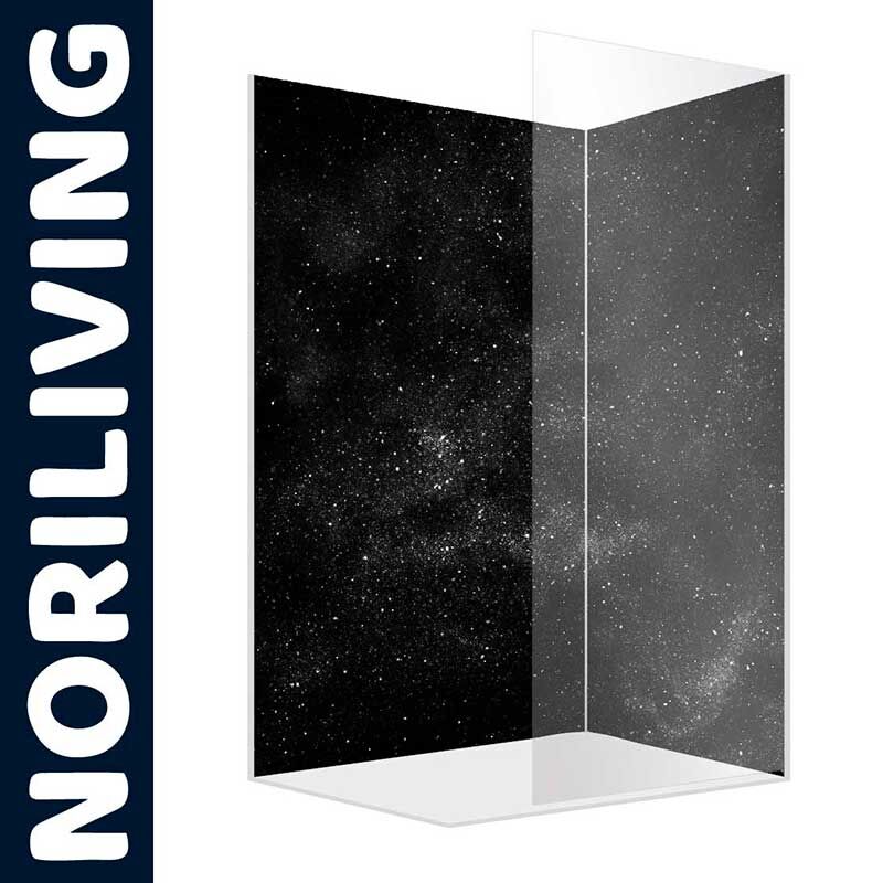 Transparente Duschwand mit einem Motiv aus dem Weltraum, mit dem Logo von Noriliving links