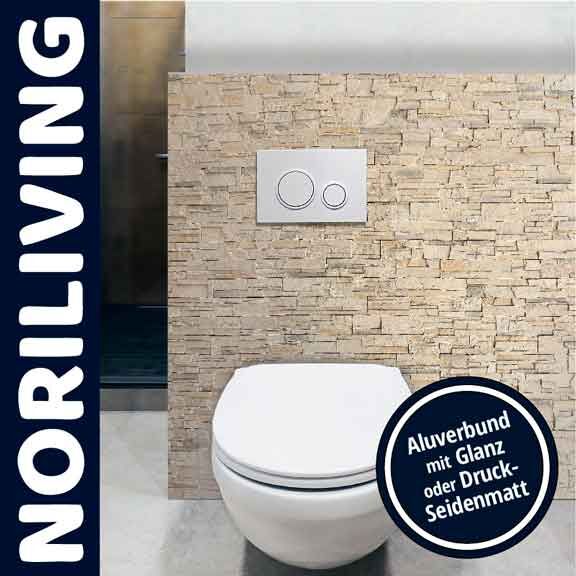 Toilette mit stilvoller Rückwand aus Aluverbund, erhältlich in glänzender oder seidenmatter Optik
