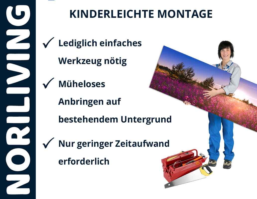 Person hält ein großformatiges Bild, umgeben von Montagewerkzeug, mit Text über einfache Installation von NORILIVING Produkten