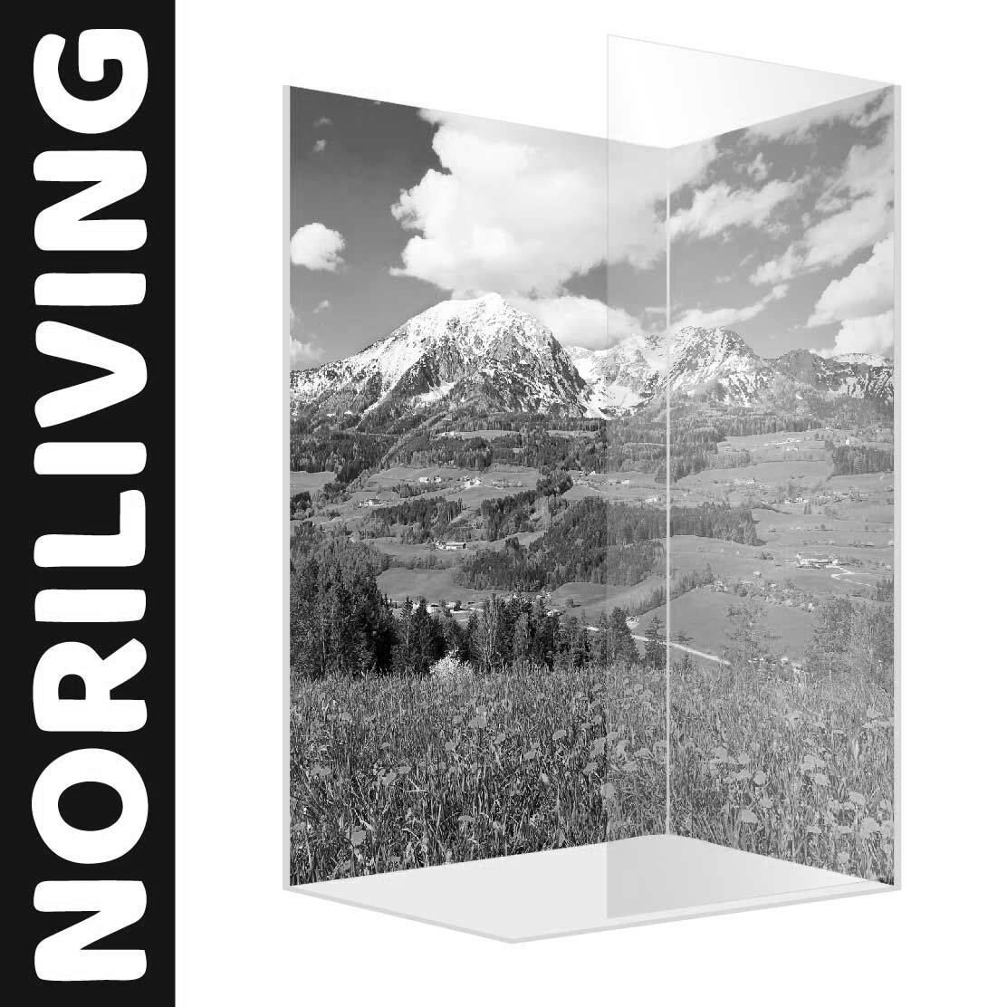 Abbildung einer Eck-Duschrückwand mit Motiv Alpenlandschaft im Frühling 453 schwarz-weiß