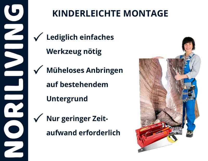 Werbung von Noriliving mit dem Text 'Kinderleichte Montage', einer Person mit Werkzeug und Bild, das müheloses Anbringen verspricht.
