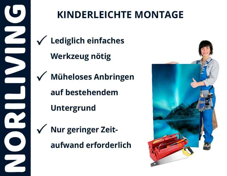 Plakat von NORILIVING mit einer Frau, die ein Bild hält, und Vorteile der einfachen Montage aufzählt. Es sind nur einfaches Werkzeug und geringer Zeitaufwand nötig.