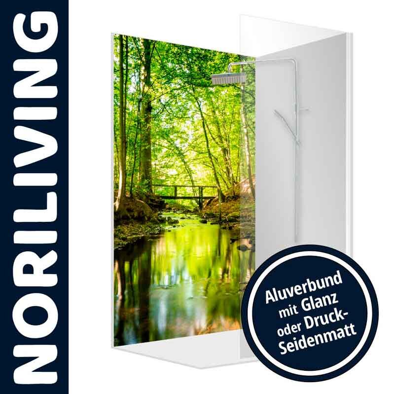Duschrückwand von NORILIVING mit Waldmotiv, erhältlich in Glanz oder Druck-Seidenmatt auf Aluverbund
