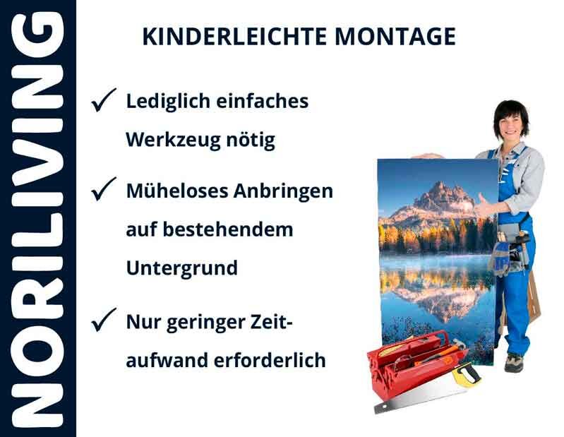 Frau mit Bild und Werkzeug, wirbt für einfache Montage mit NORILIVING Produkten